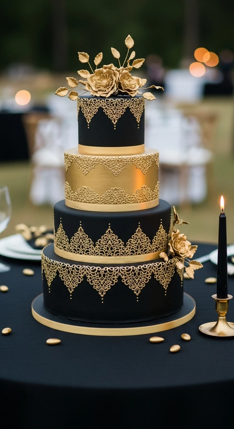 Neutral Ombre Wedding Cake Design Black and Gold Wedding Cake Contrast