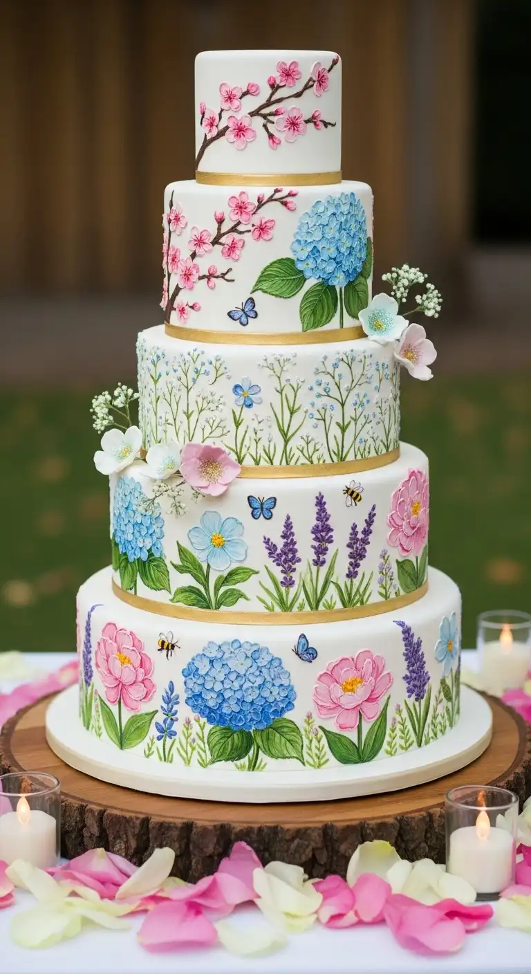 Neutral Ombre Wedding Cake Design Whimsical Floral Painted Spring Wedding Cake