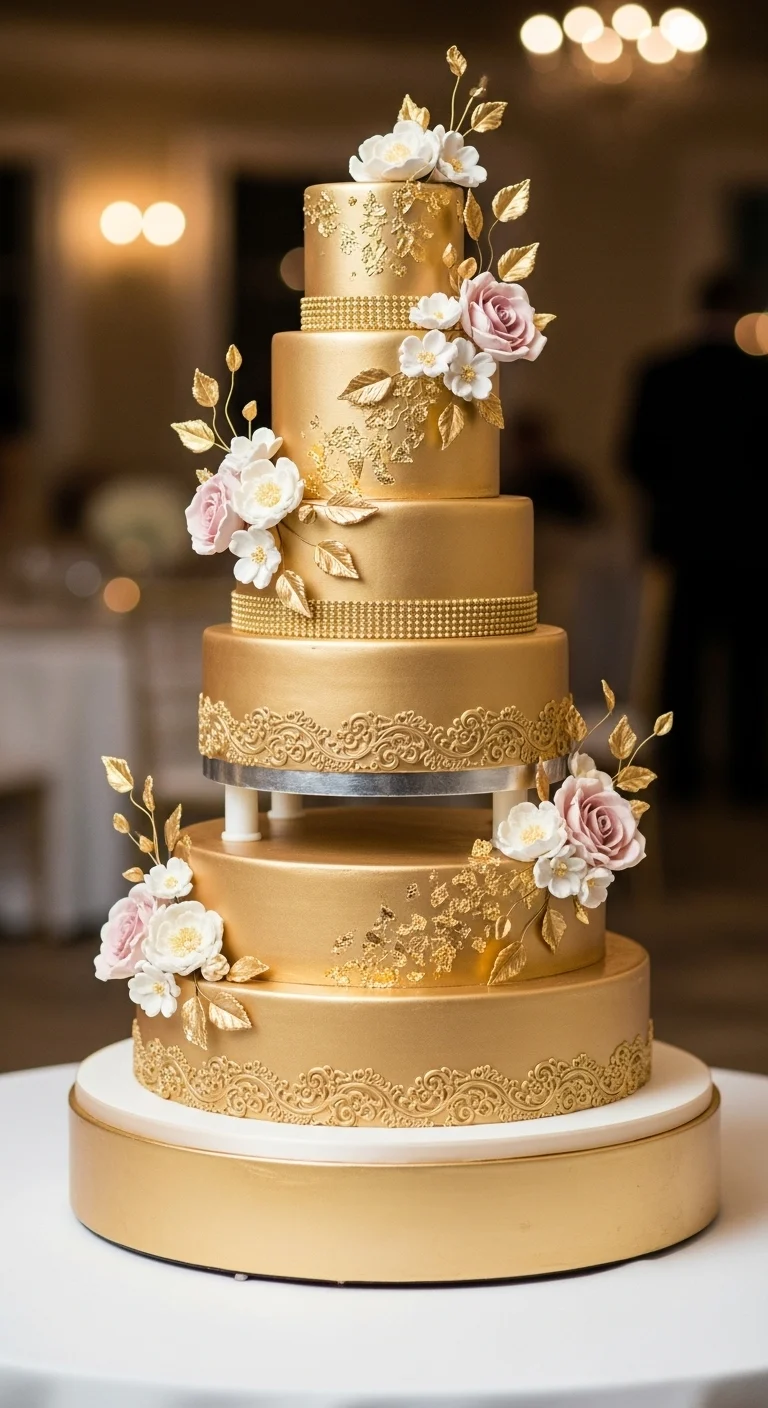 Neutral Ombre Wedding Cake Design Floral Gold Wedding Cake Ideas with Metallic Details