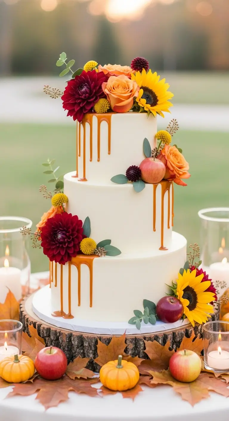 Neutral Ombre Wedding Cake Design Elegant Caramel Drip Fall Wedding Cake