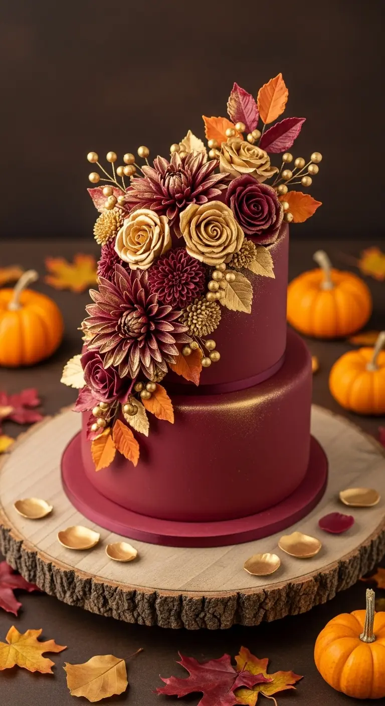 Neutral Ombre Wedding Cake Design Burgundy and Gold Floral Fall Cake