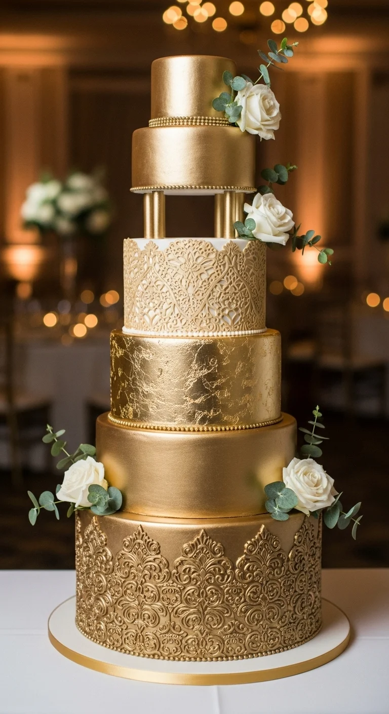 Neutral Ombre Wedding Cake Design Tiered Gold Wedding Cake with Varying Textures