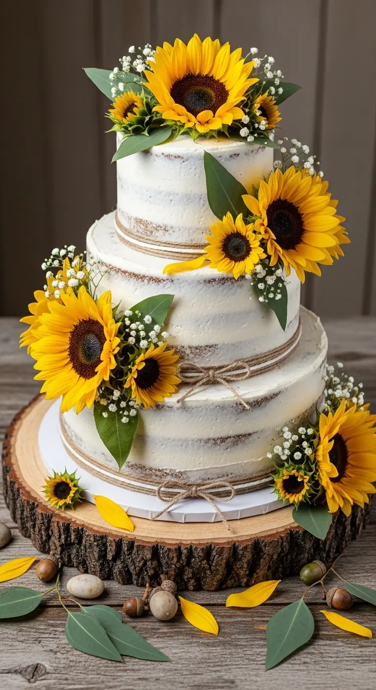 Neutral Ombre Wedding Cake Design Sunflower-Inspired Rustic Wedding Cake