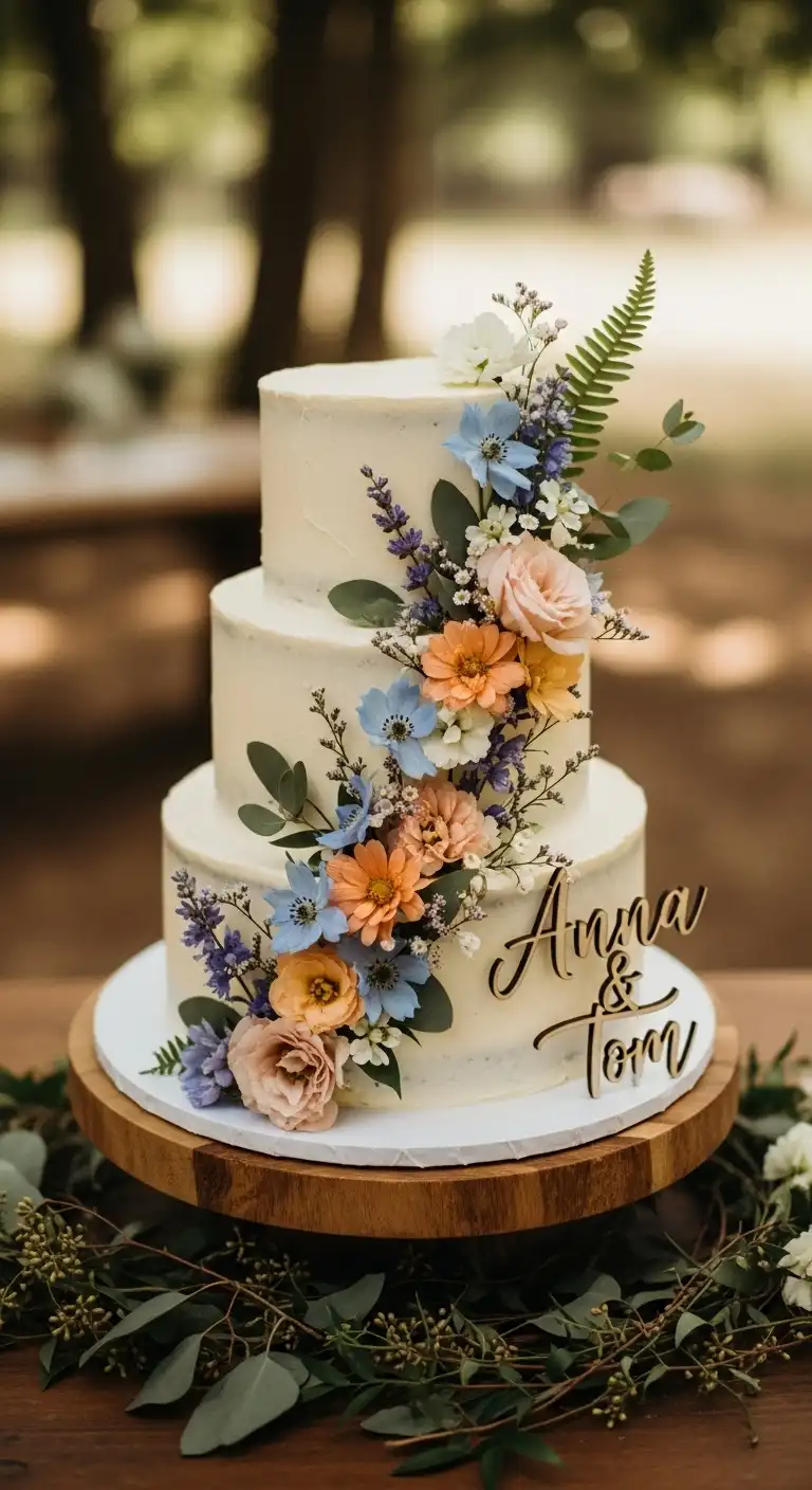 Neutral Ombre Wedding Cake Design Whimsical Wildflower Rustic Wedding Cake
