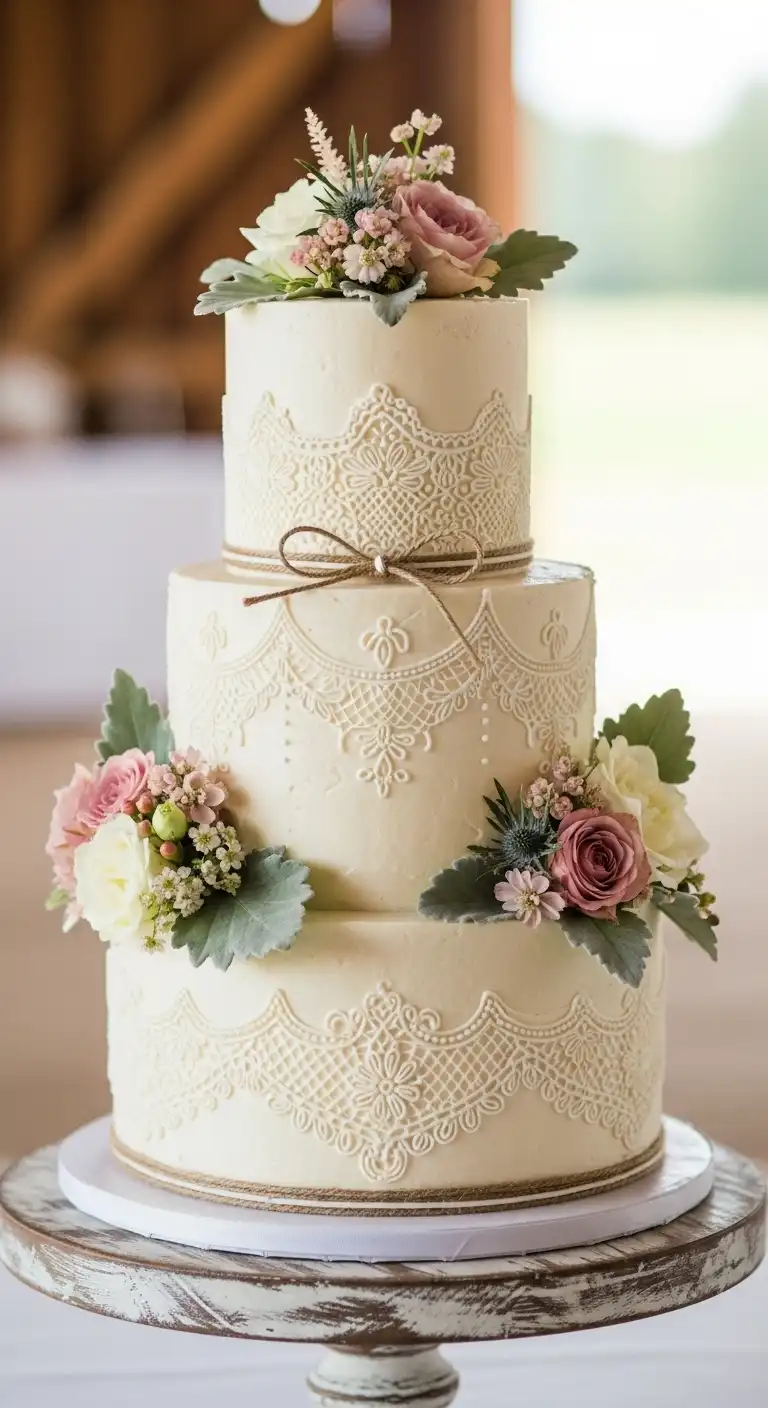 Neutral Ombre Wedding Cake Design Vintage Lace Rustic Wedding Cake