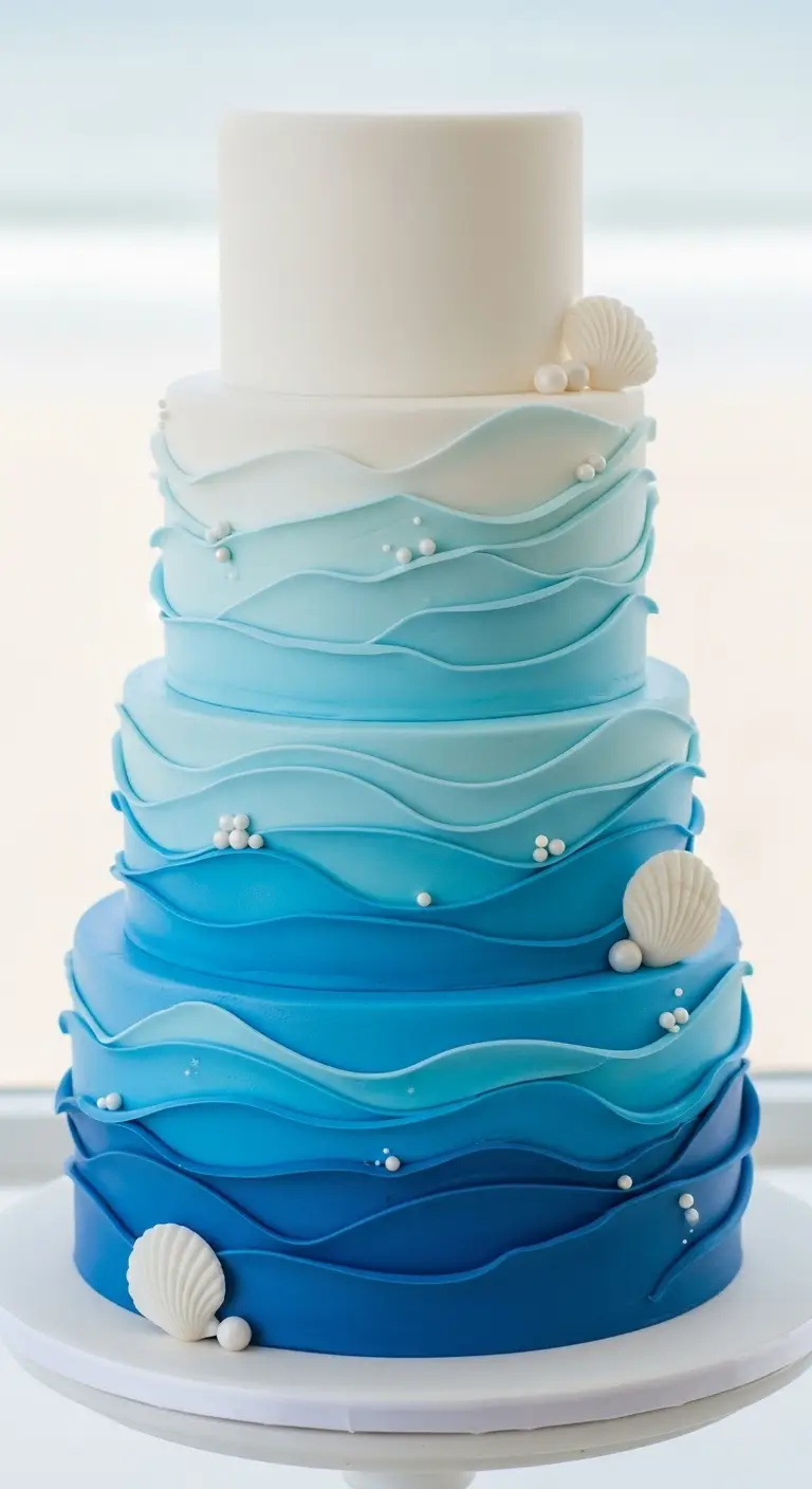 Neutral Ombre Wedding Cake Design 10. Blue and White Wave Cake