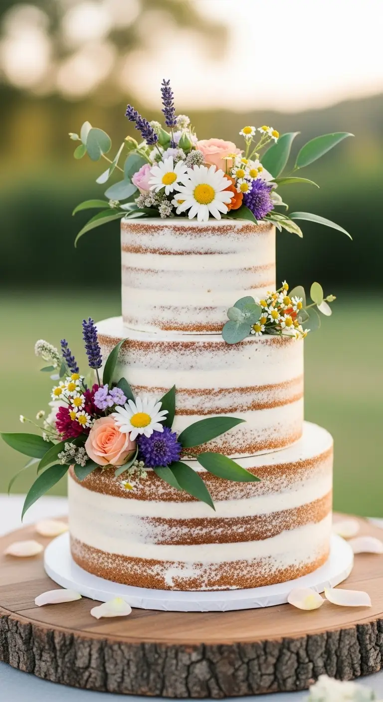 Neutral Ombre Wedding Cake Design Naked Boho Wedding Cake with Fresh Wildflowers