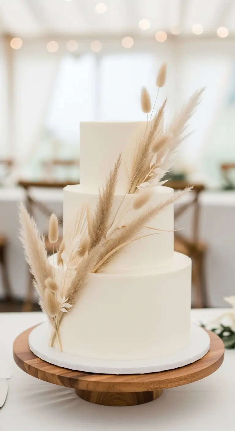 Neutral Ombre Wedding Cake Design Minimalist White Boho Wedding Cake with Pampas Grass