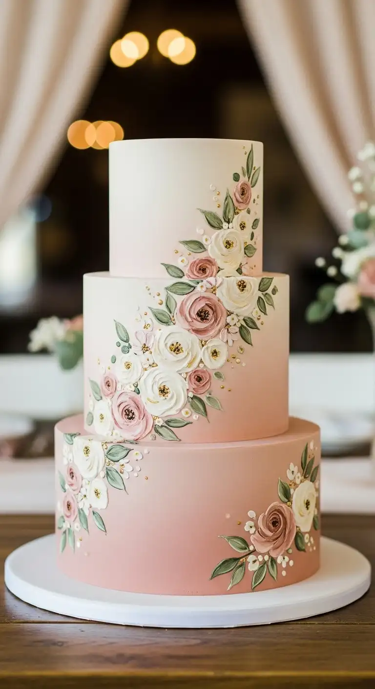 Neutral Ombre Wedding Cake Design Romantic Blush Toned Cake with Hand Painted Florals