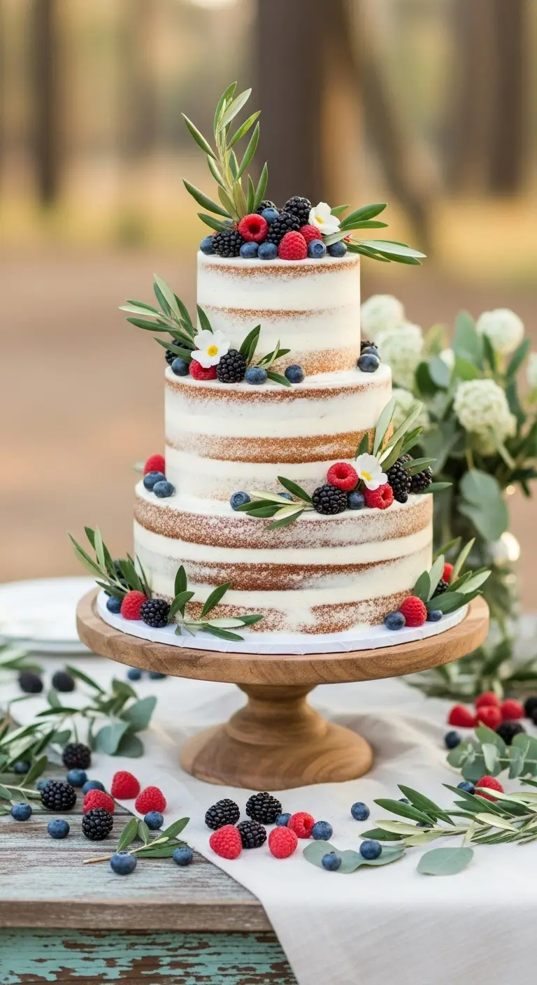 Neutral Ombre Wedding Cake Design Semi-Naked Boho Wedding Cake with Berries and Greenery