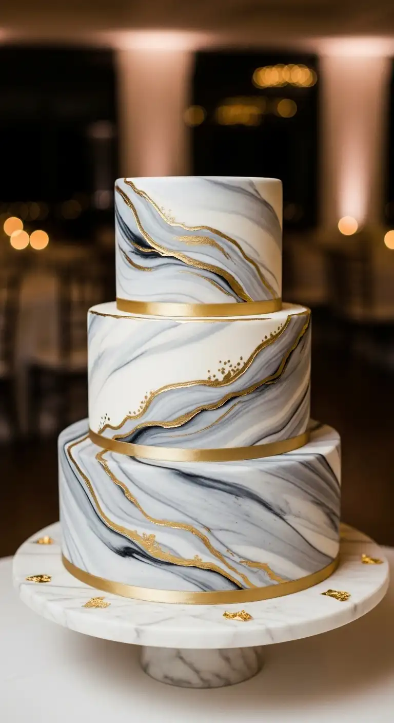 Neutral Ombre Wedding Cake Design Marble-Inspired Cake with Gold Accents