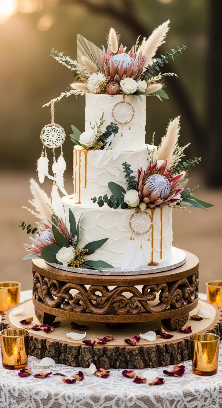 Neutral Ombre Wedding Cake Design Rustic Boho Wedding Cake with Wooden Stand Presentation