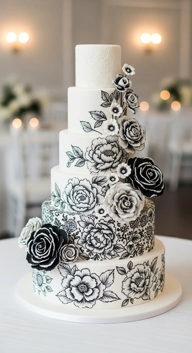 Neutral Ombre Wedding Cake Design Tall Statement Cake with Monochrome Floral Decor