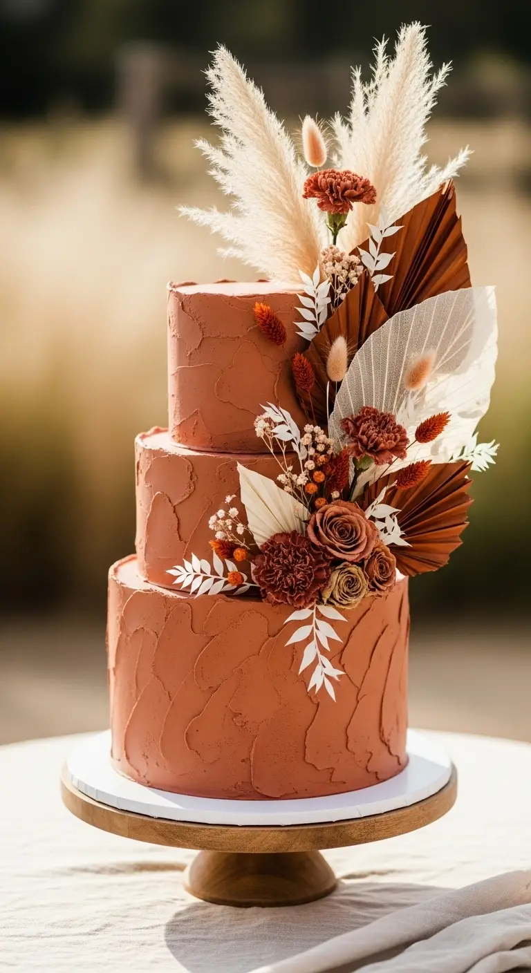 Neutral Ombre Wedding Cake Design Terracotta-Toned Boho Wedding Cake with Dried Florals