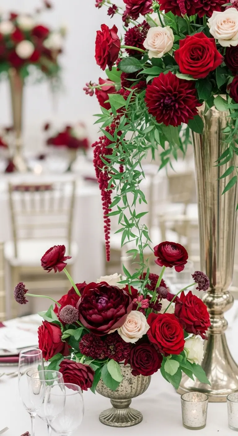 Burgundy Wedding Table Setting: 13 Ideas for Elegant Vibes 6 Burgundy Floral Centerpieces for Elegance