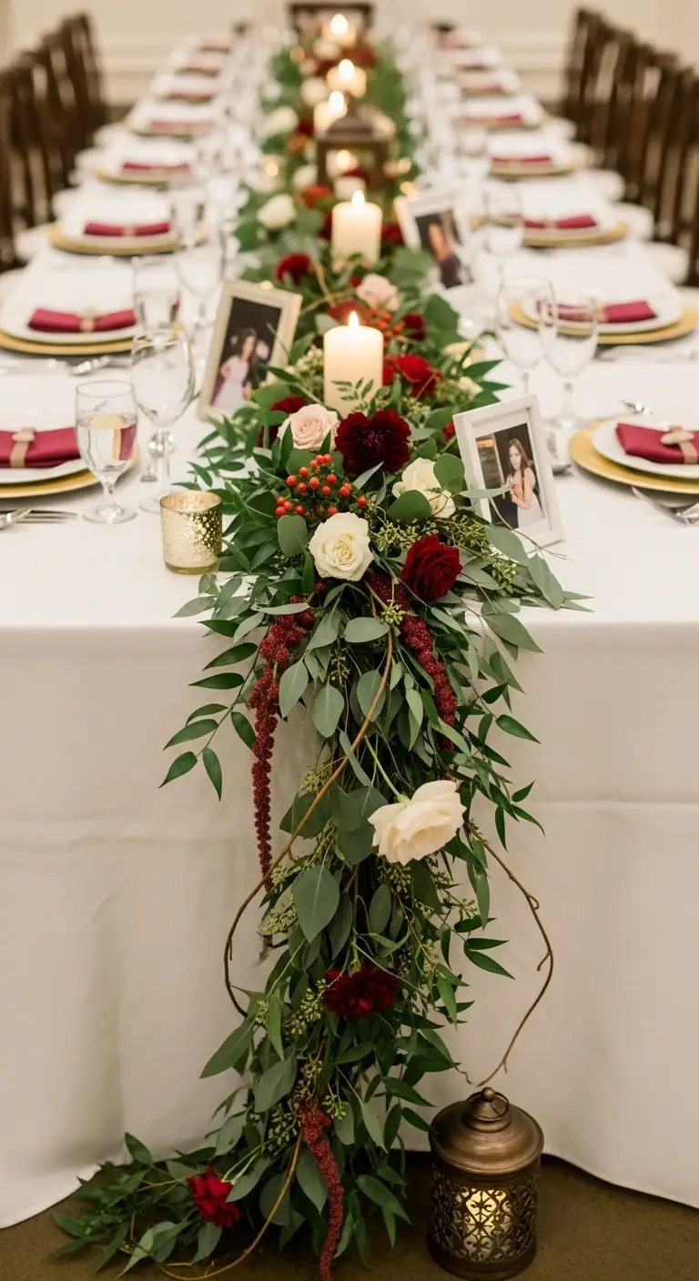 Burgundy Wedding Table Setting: 13 Ideas for Elegant Vibes 12 Burgundy Floral Garlands Along Tables