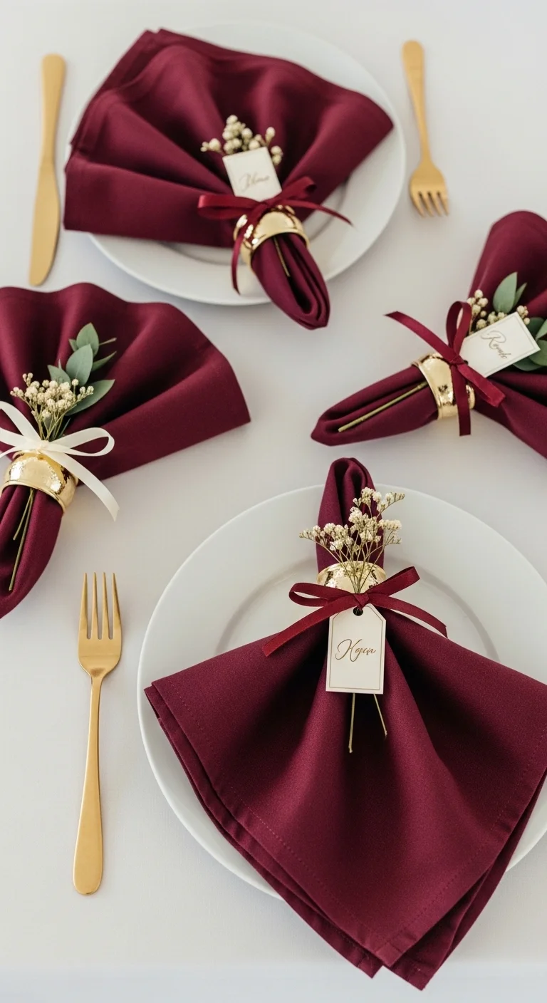 Burgundy Wedding Table Setting: 13 Ideas for Elegant Vibes 8 Burgundy Napkins with Creative Folding
