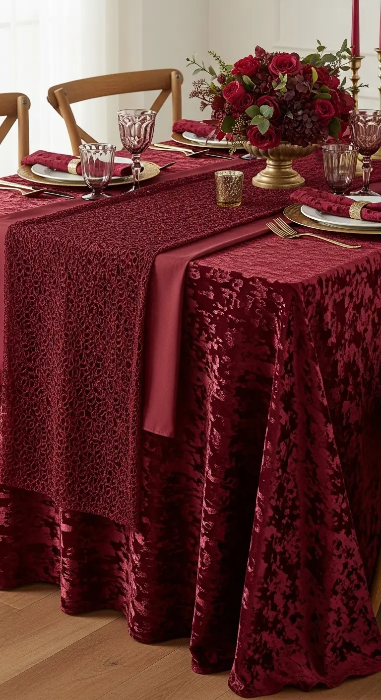 Burgundy Wedding Table Setting: 13 Ideas for Elegant Vibes 11 Burgundy Table Linens with Texture