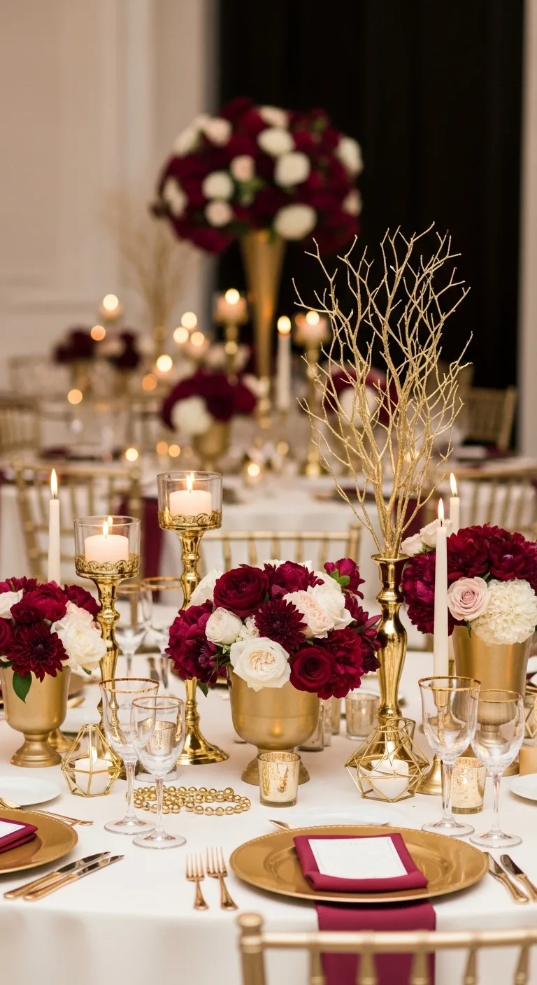 Burgundy Wedding Table Setting: 13 Ideas for Elegant Vibes 15 Burgundy and Gold Centerpiece Ideas