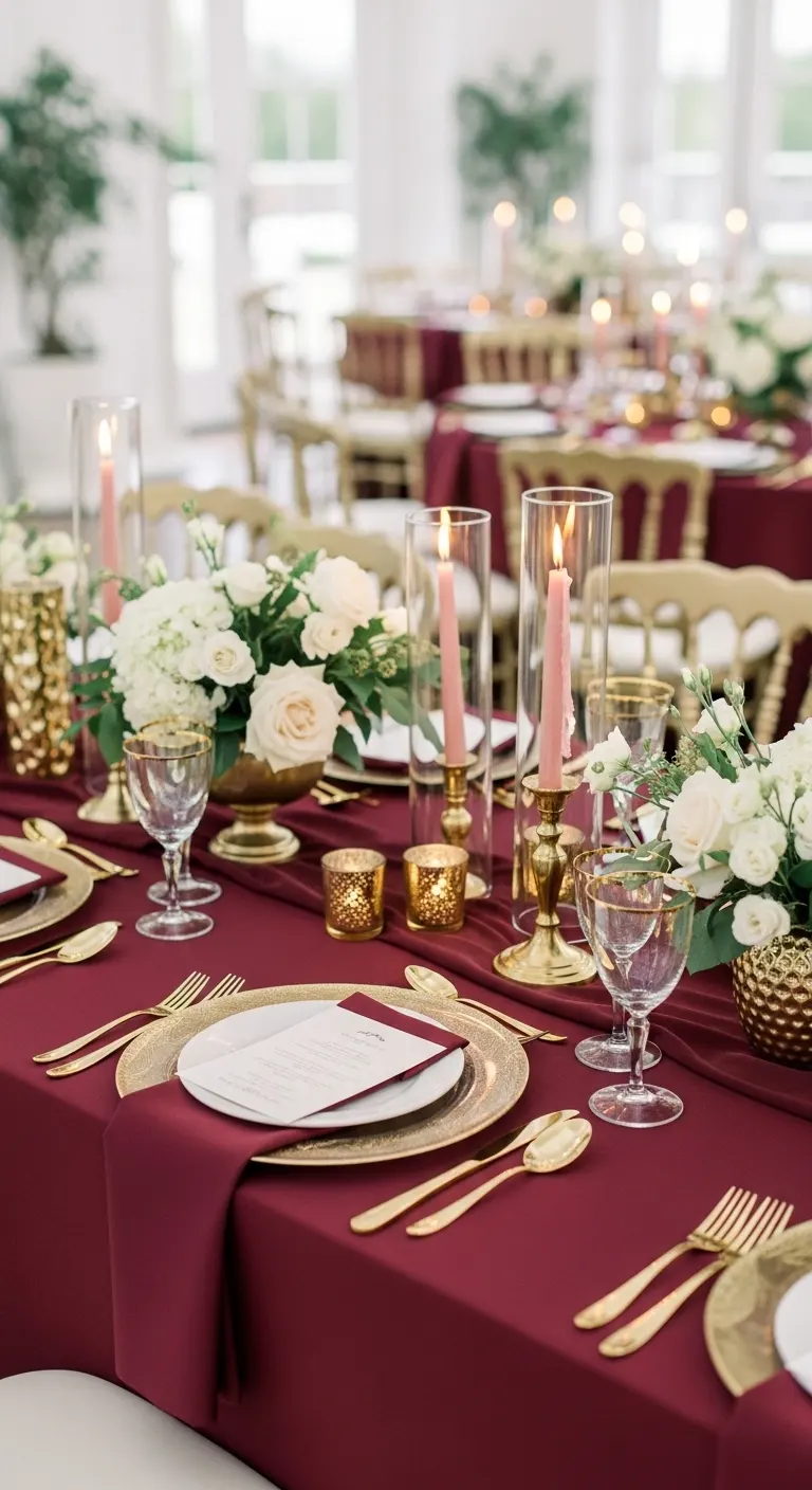 Burgundy Wedding Table Setting: 13 Ideas for Elegant Vibes 5 Classic Burgundy and Gold Table Setting