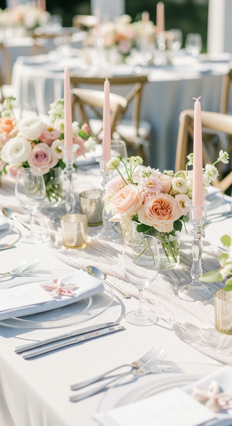 Chic Pastel Wedding Table Setting: 9 Ideas for Any Style 4 Pastel Wedding Table Setting Ideas with Glass and Transparency