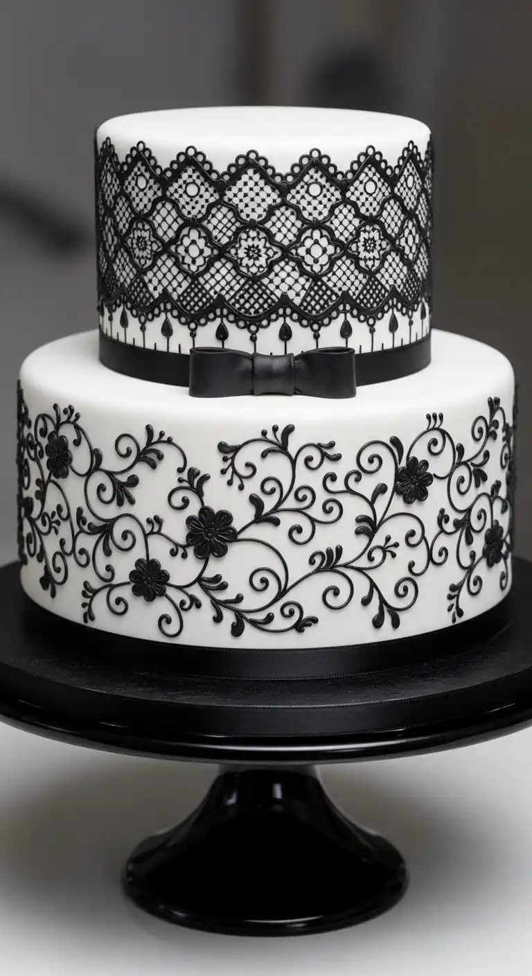 Ombre Rusty Orange Wedding Cake Lace Inspired Black and White Cake