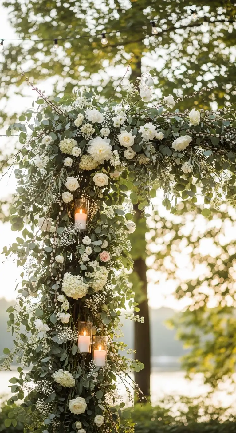 Ombre Rusty Orange Wedding Cake Floral Ceremony Arches with Light, Flowing Greenery
