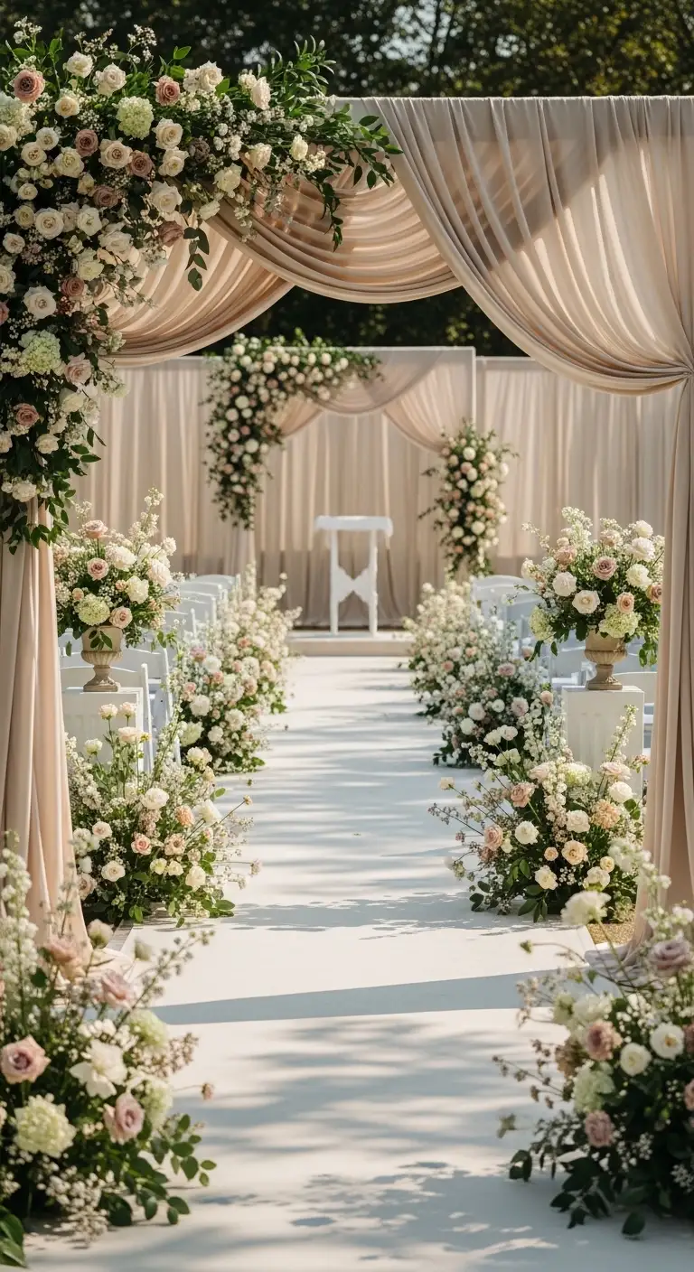 Ombre Rusty Orange Wedding Cake Elegant Aisle Styling with Petals and Fresh Greenery