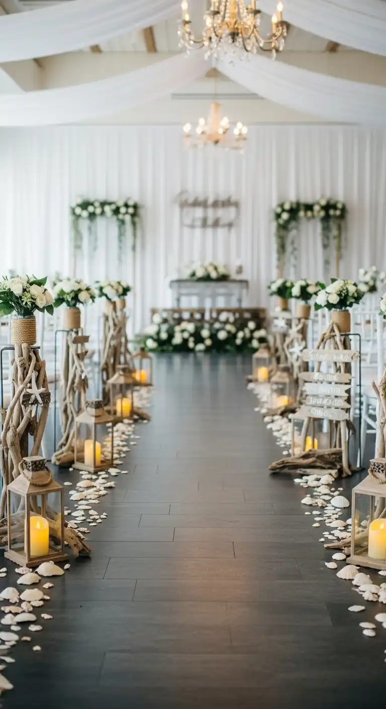 Ombre Rusty Orange Wedding Cake Driftwood and Lantern Aisle Runners