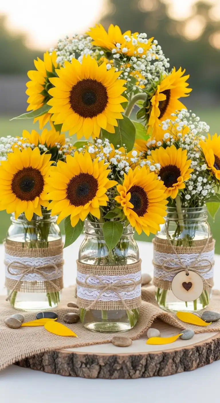 Ombre Rusty Orange Wedding Cake Sunflower Mason Jar Centerpieces with Burlap Accents