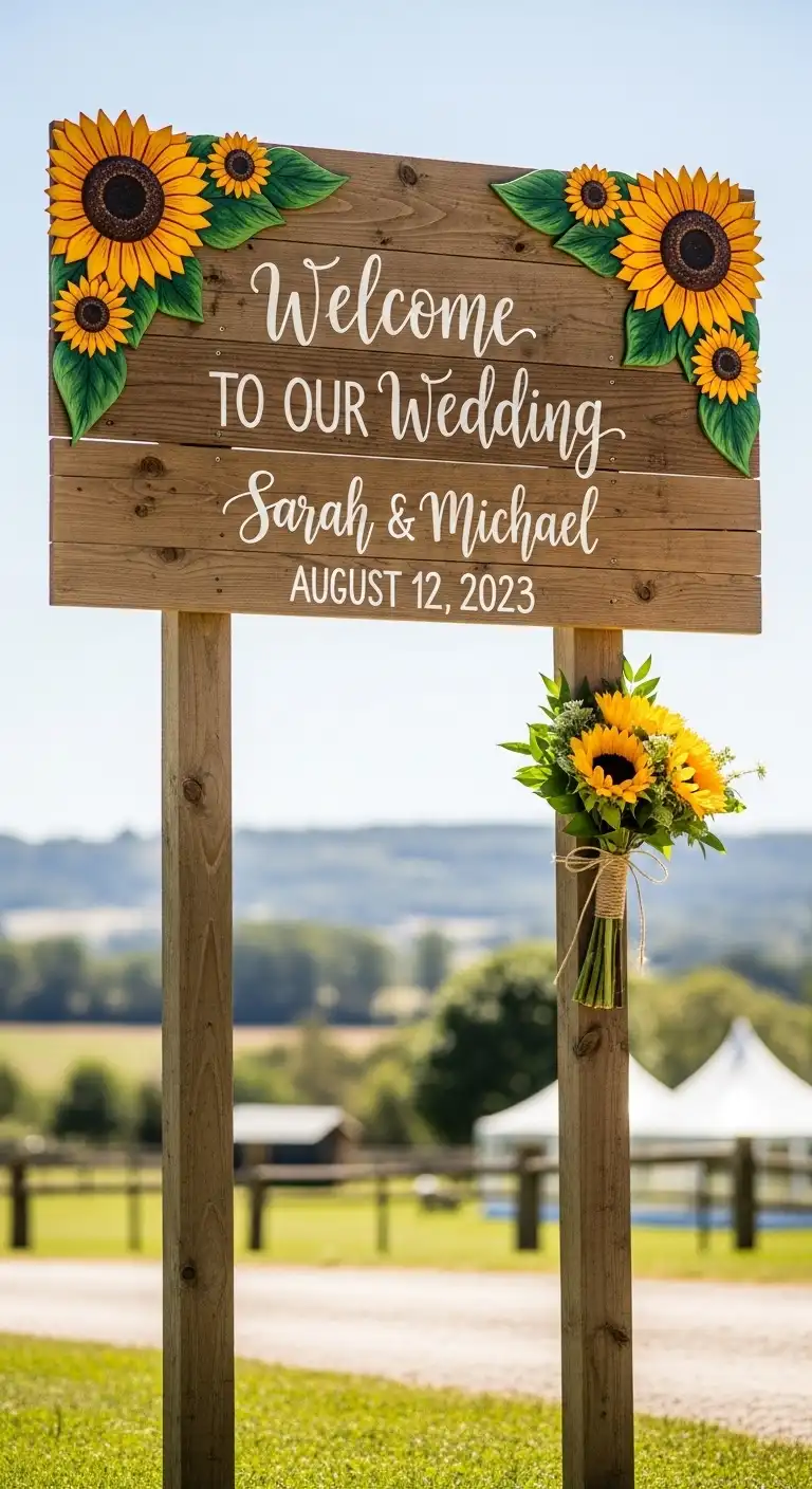 Ombre Rusty Orange Wedding Cake Wooden Welcome Sign with Sunflower Details