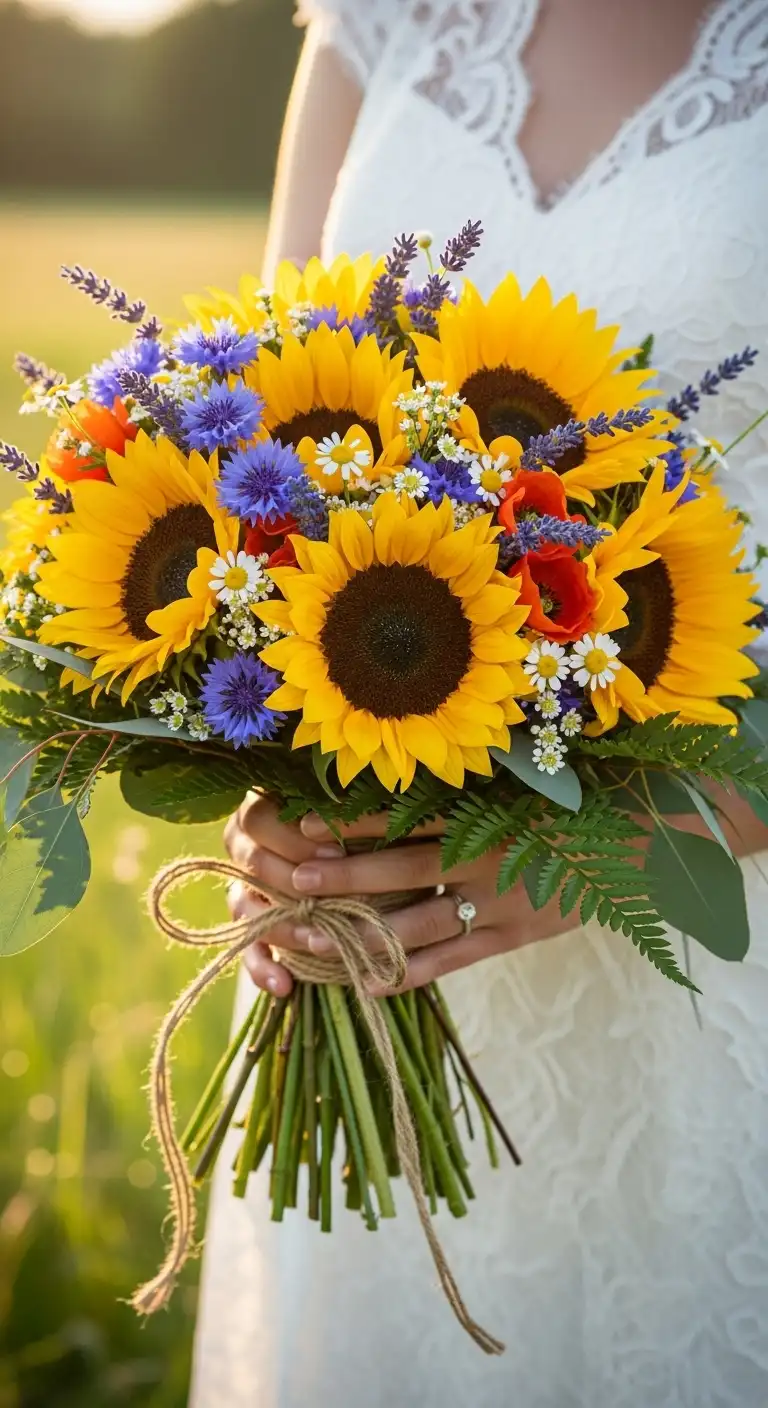 Ombre Rusty Orange Wedding Cake Sunflower Bridal Bouquet with Wildflower Mix