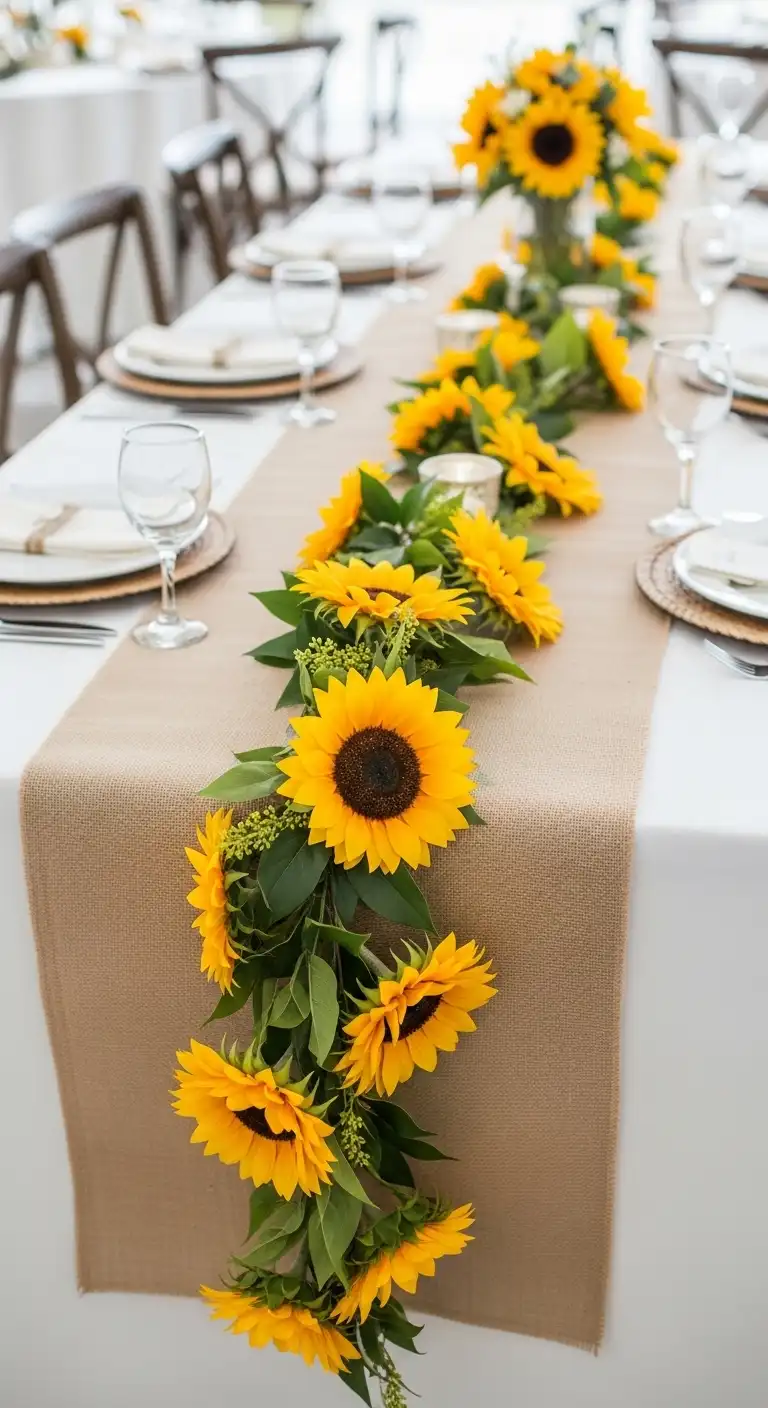 Ombre Rusty Orange Wedding Cake Rustic Table Runners with Sunflower Garlands