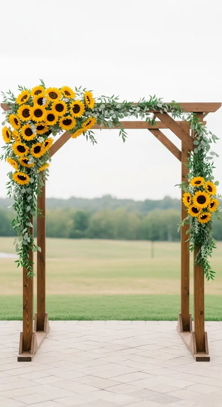 Ombre Rusty Orange Wedding Cake Sunflower Ceremony Arch with Wooden Frame