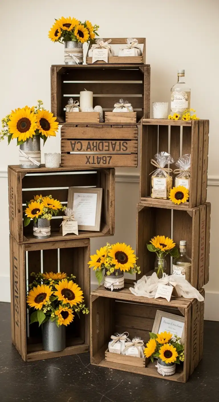 Ombre Rusty Orange Wedding Cake Vintage Crate Displays with Sunflower Arrangements