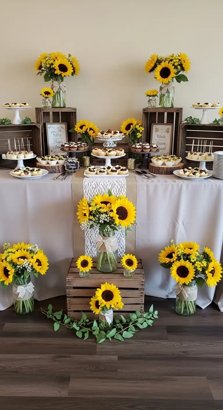 Ombre Rusty Orange Wedding Cake Rustic Dessert Table with Sunflower Accents