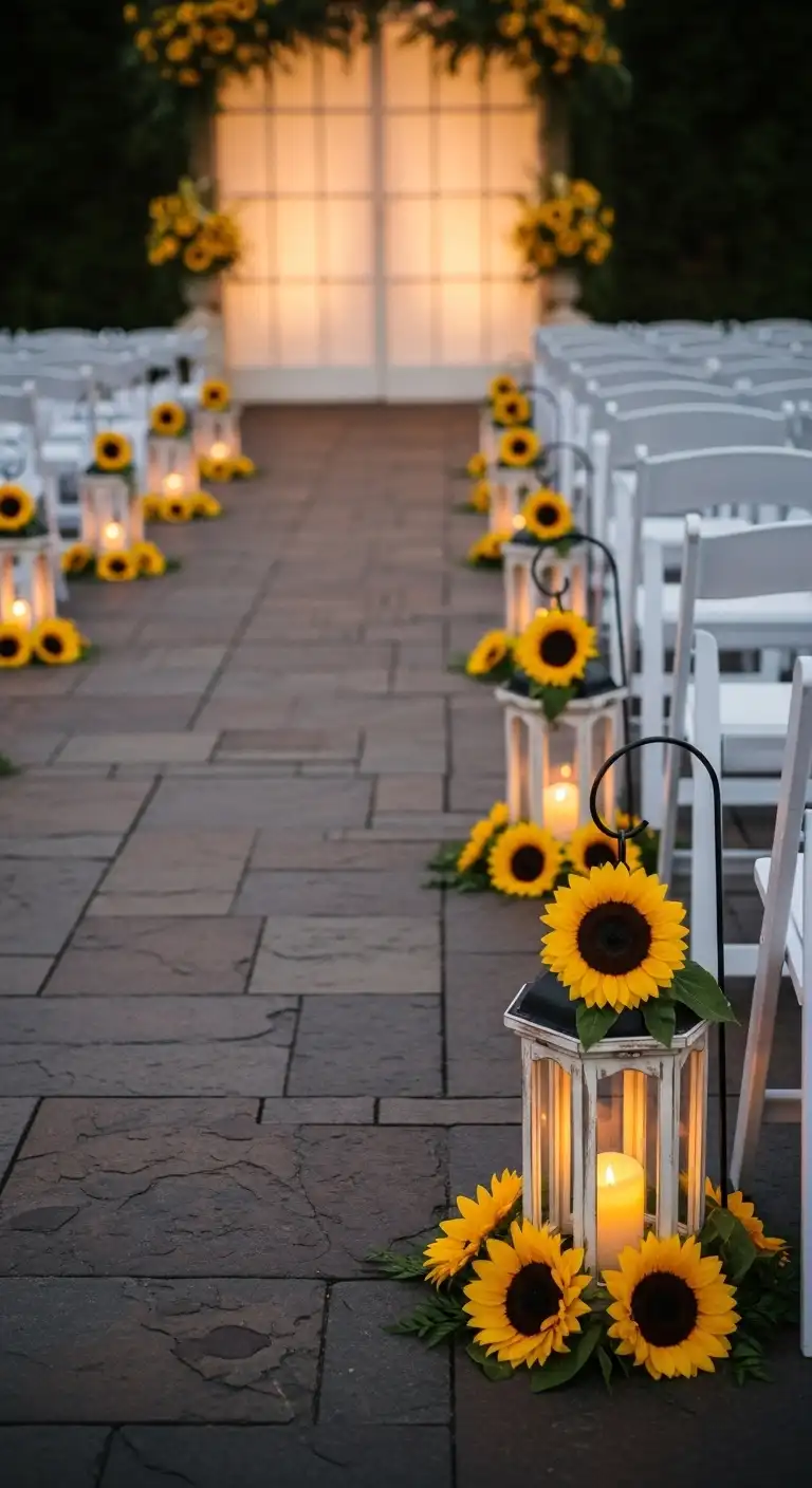 Ombre Rusty Orange Wedding Cake Sunflower Aisle Markers with Lanterns