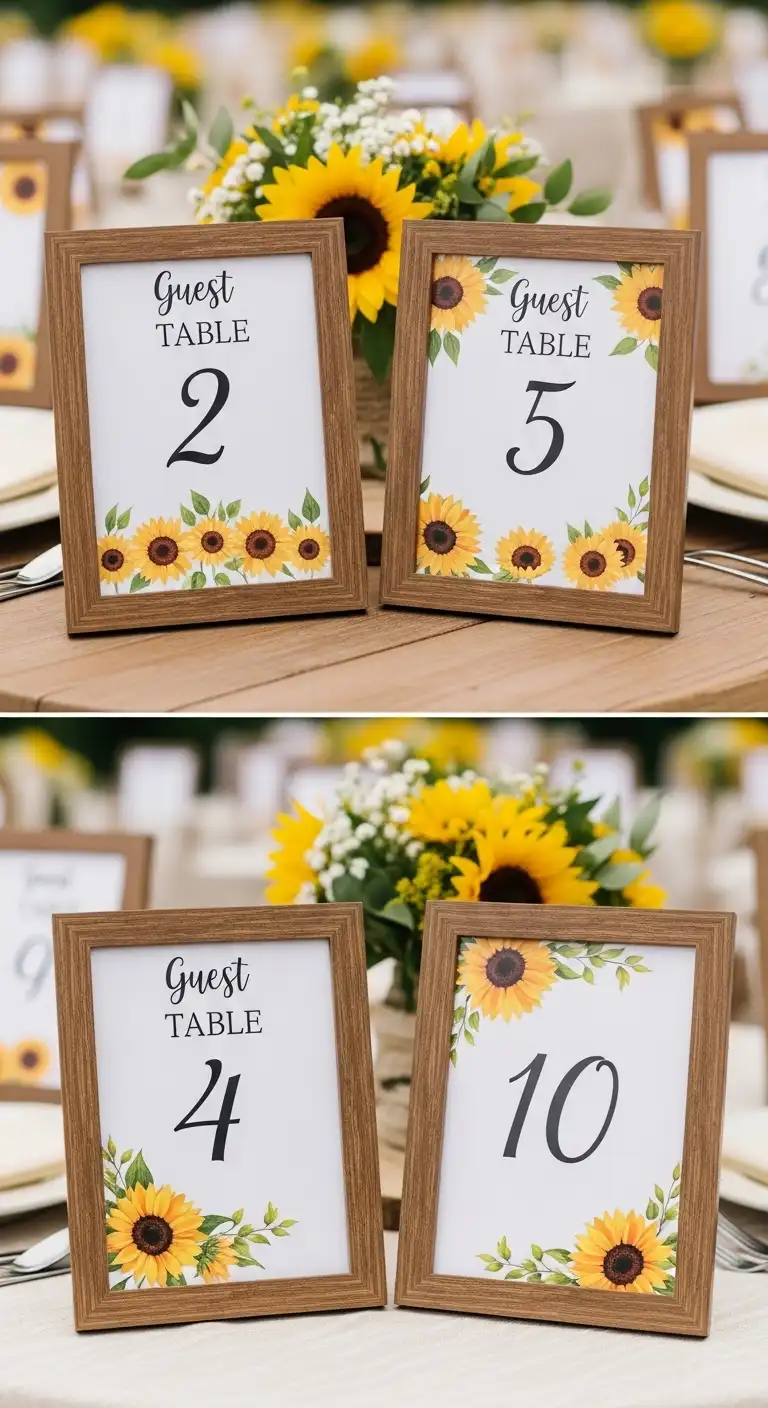Ombre Rusty Orange Wedding Cake Guest Table Numbers with Sunflower Designs
