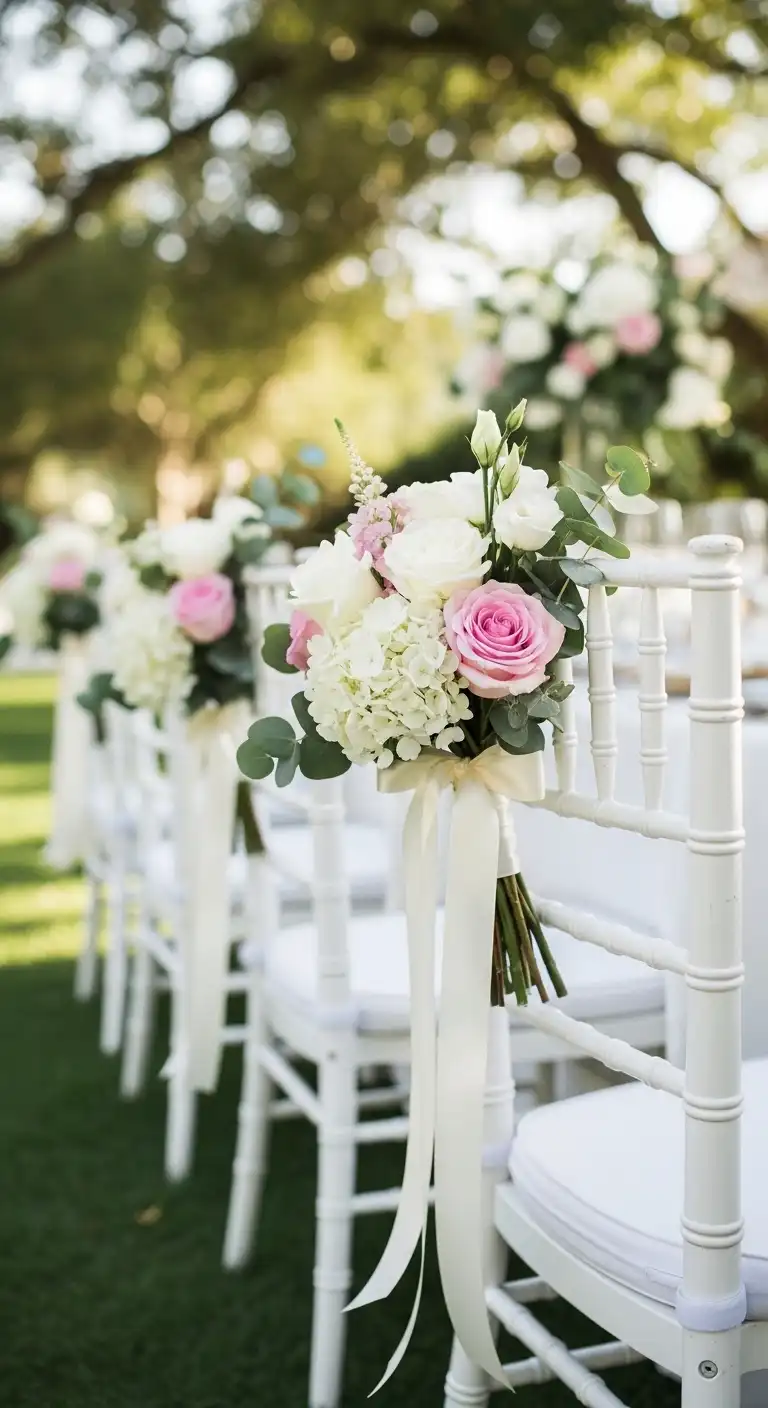 Ombre Rusty Orange Wedding Cake Floral Chair Back Arrangements with Fresh Blooms