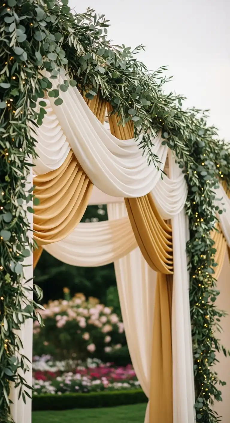 Ombre Rusty Orange Wedding Cake Fabric Swags with Greenery Accents