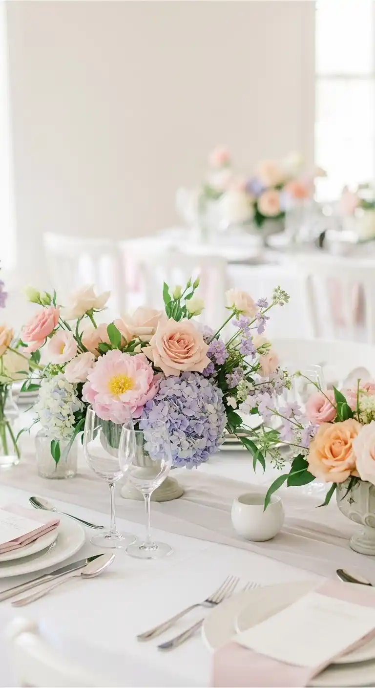 Ombre Rusty Orange Wedding Cake Pastel Wedding Table Setting Ideas with Floral Centerpieces