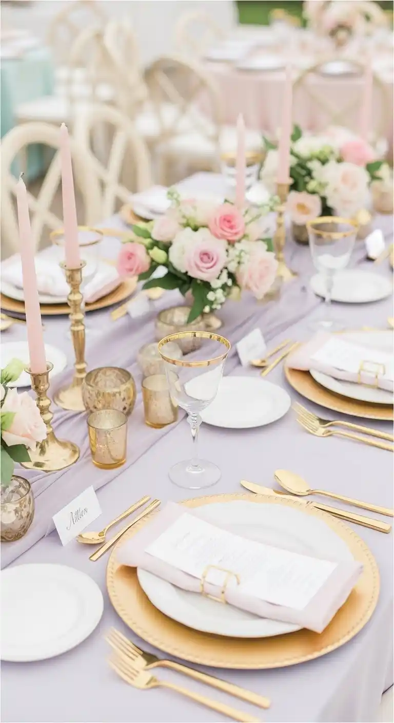 Ombre Rusty Orange Wedding Cake Pastel Wedding Table Setting Ideas with Gold Accents