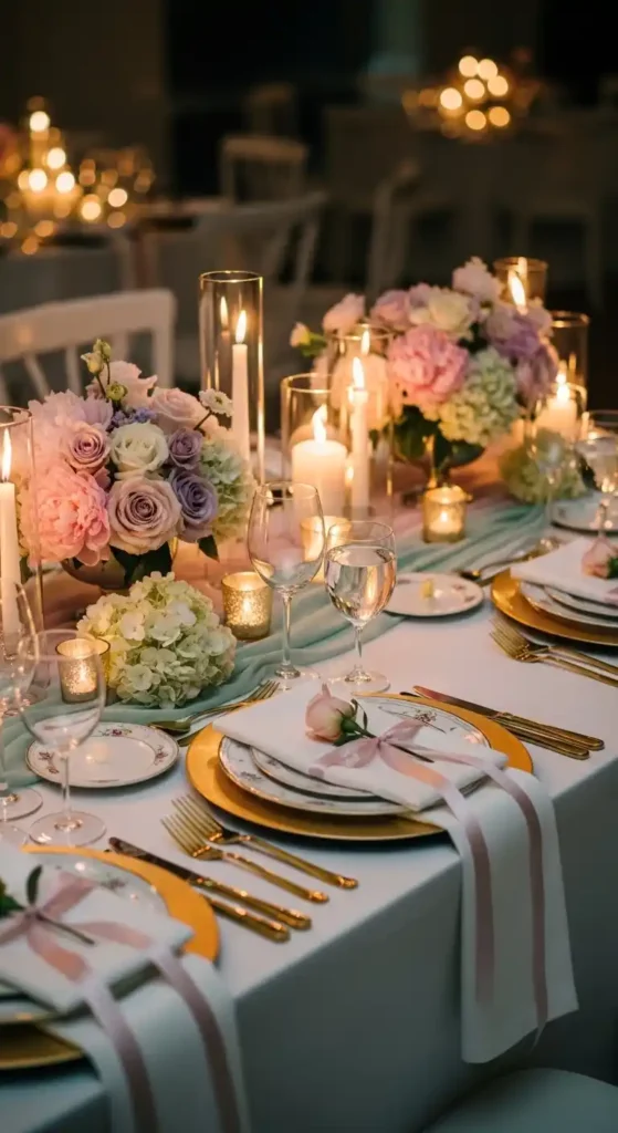 Ombre Rusty Orange Wedding Cake Pastel Wedding Table Setting Ideas with Candlelight Ambiance