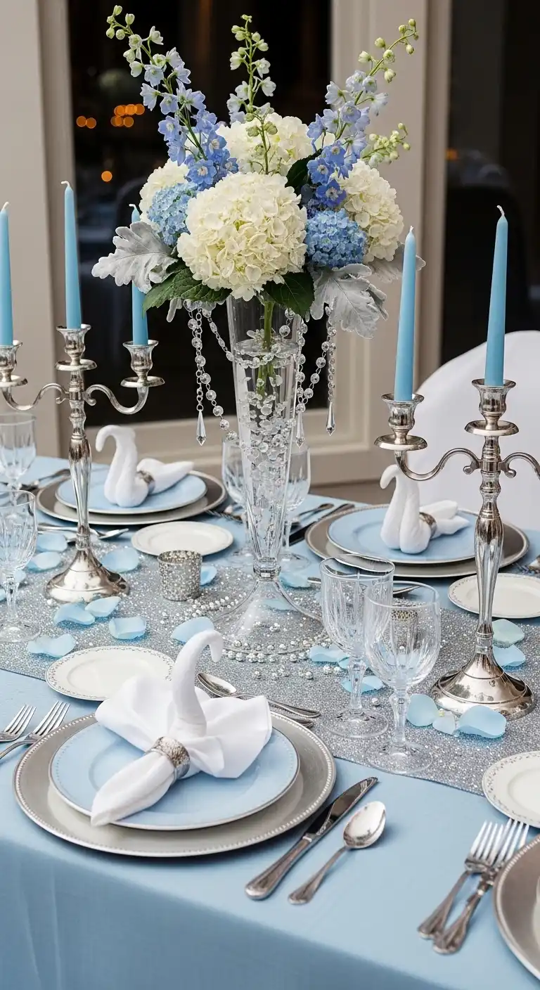 Ombre Rusty Orange Wedding Cake Baby Blue and Silver Romantic Table Setting