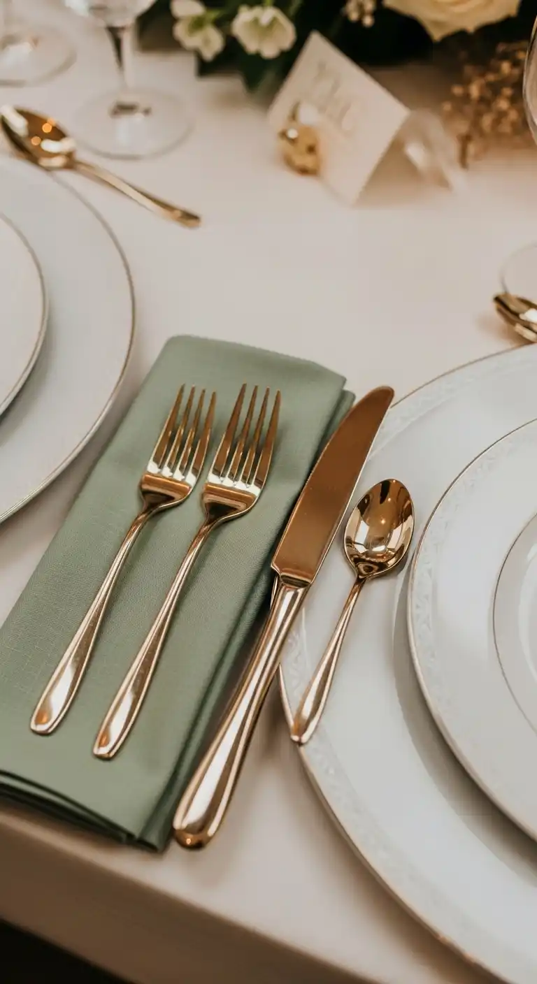 Ombre Rusty Orange Wedding Cake Gold Flatware Paired with Sage Green Napkins