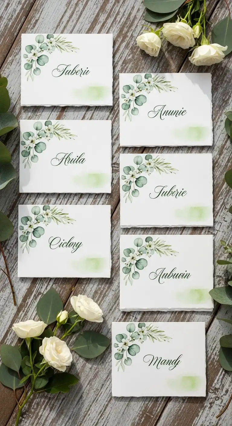 Ombre Rusty Orange Wedding Cake Place Cards with Botanical Design Elements