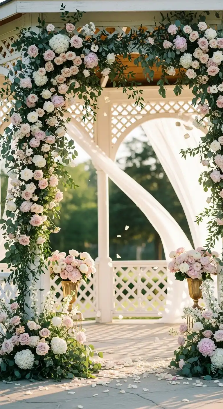 Ombre Rusty Orange Wedding Cake Lush Floral Arrangements for a Romantic Gazebo