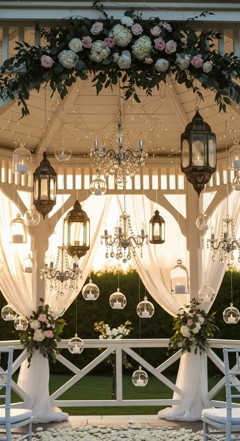 Ombre Rusty Orange Wedding Cake Hanging Lanterns or Chandeliers