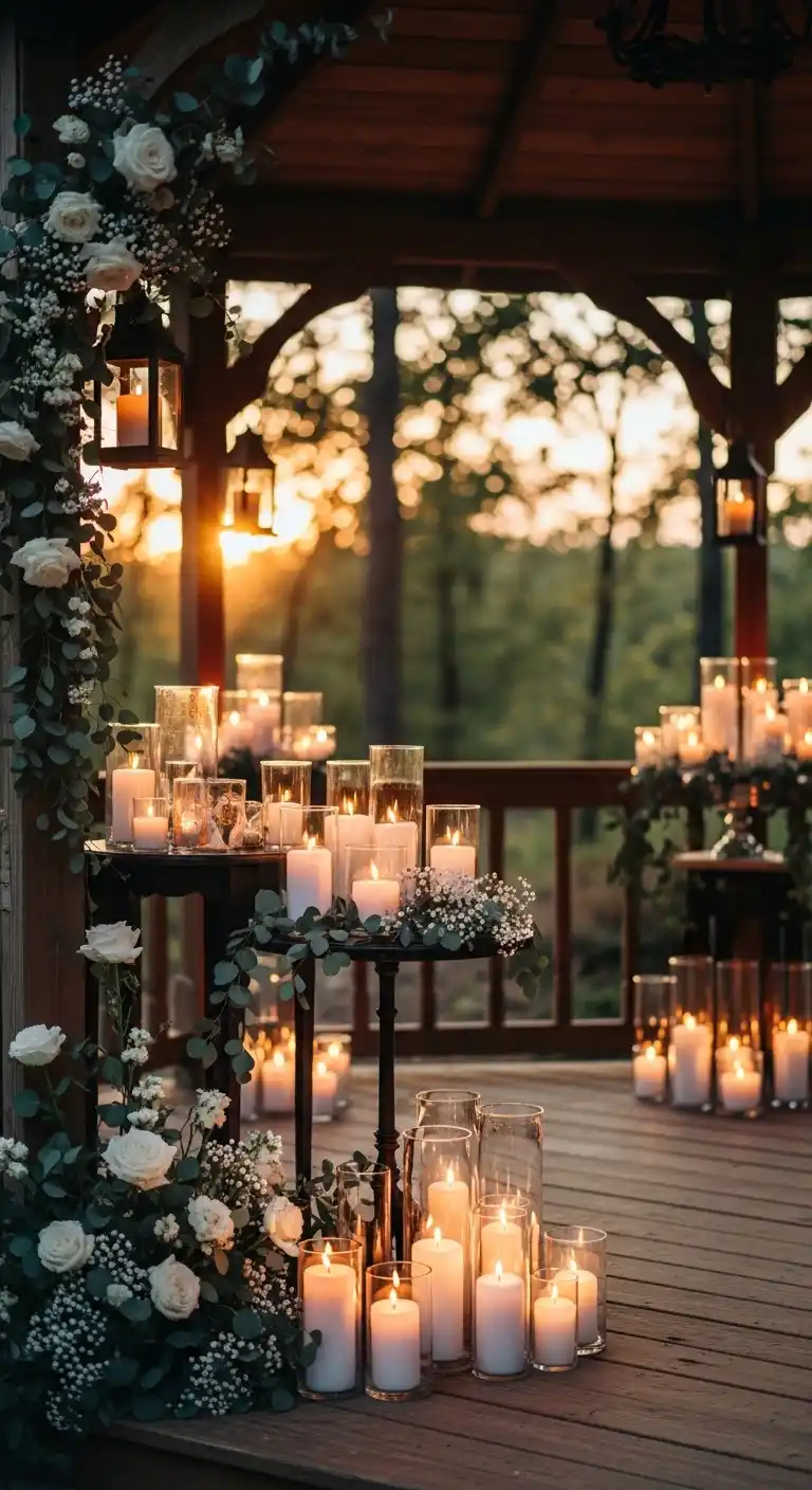 Ombre Rusty Orange Wedding Cake Candle Arrangements for Intimate Atmosphere