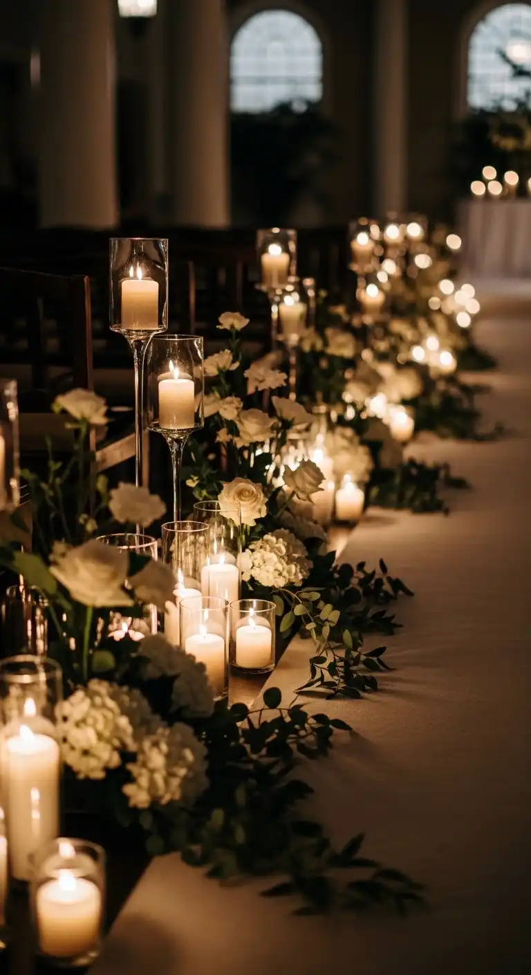 Ombre Rusty Orange Wedding Cake Candlelit Aisles with Soft Floral Accents